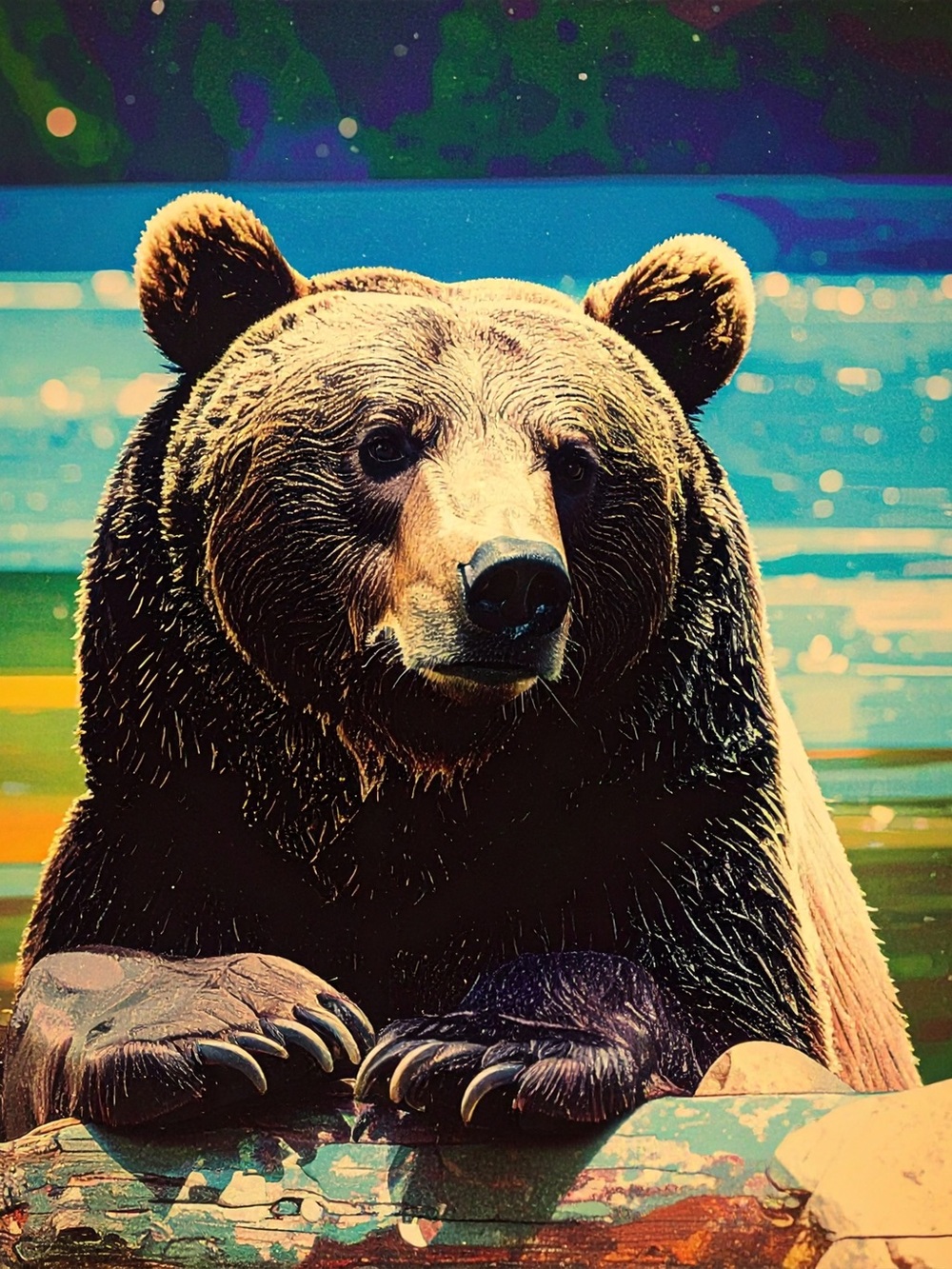 Wildlife Bear Art Print in Brown and Blue - Premium Home Wall Art